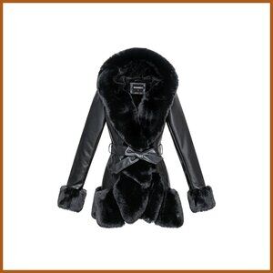 Faux Leather Coat with Faux Fur Collar, Belted Mid Length Hooded Jacket